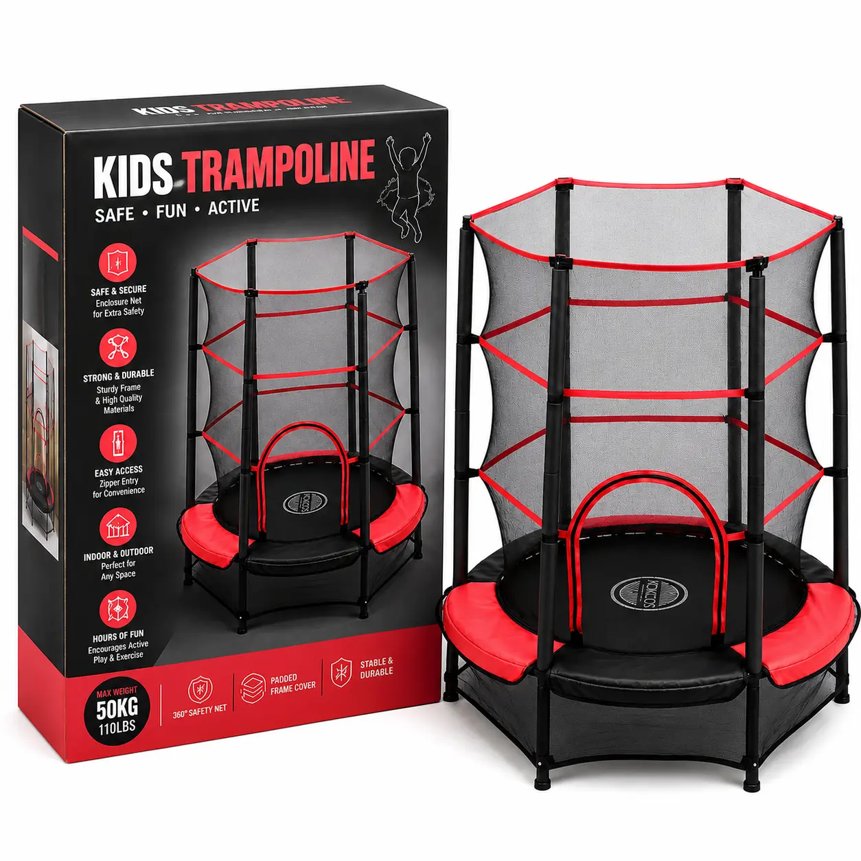 Kids trampoline retail box and product showing the 360-degree enclosure safety net, sturdy frame, zipper entry, indoor and outdoor use and 50kg / 110lbs max weight