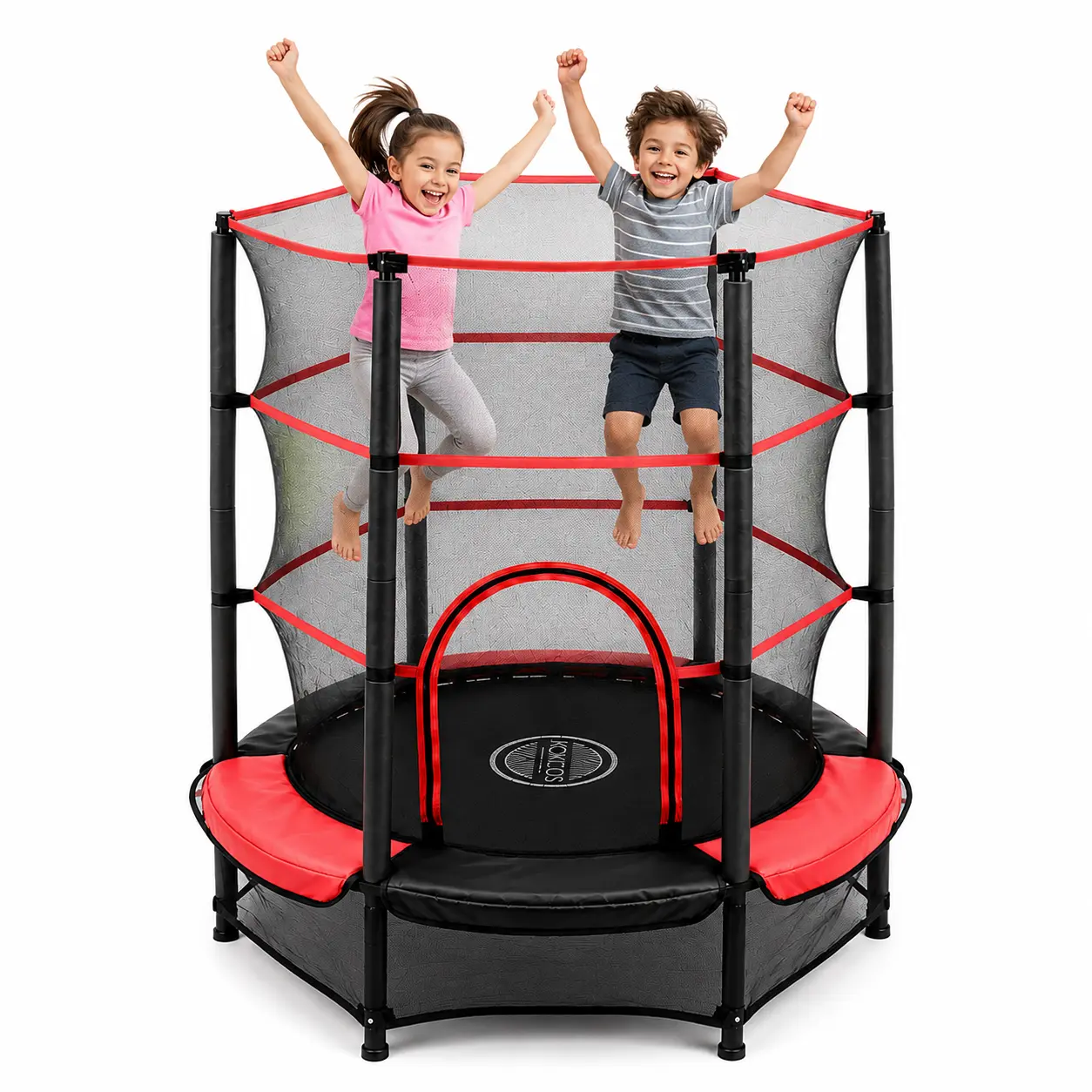 A smiling girl and boy jumping with arms raised inside the red and black 55-inch trampoline's mesh safety enclosure, showing the zipper door and padded red frame