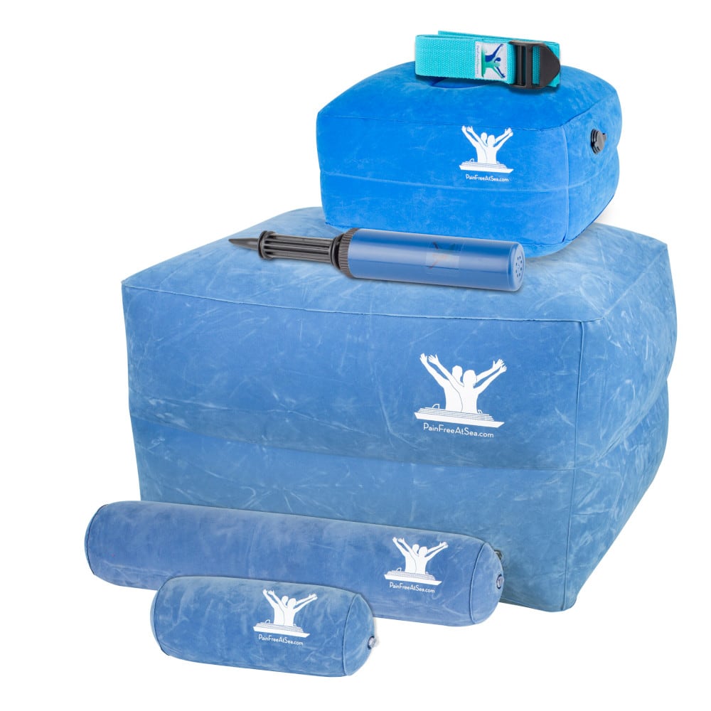 Posture Therapy Basic Inflatable Package: Large & Small Blocks, Long and Short Rolls, Pump and Aqua Strap/Yoga Belt—Travel Package