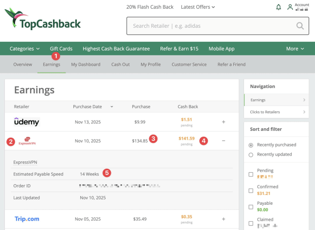 Topcashback Earnings Page