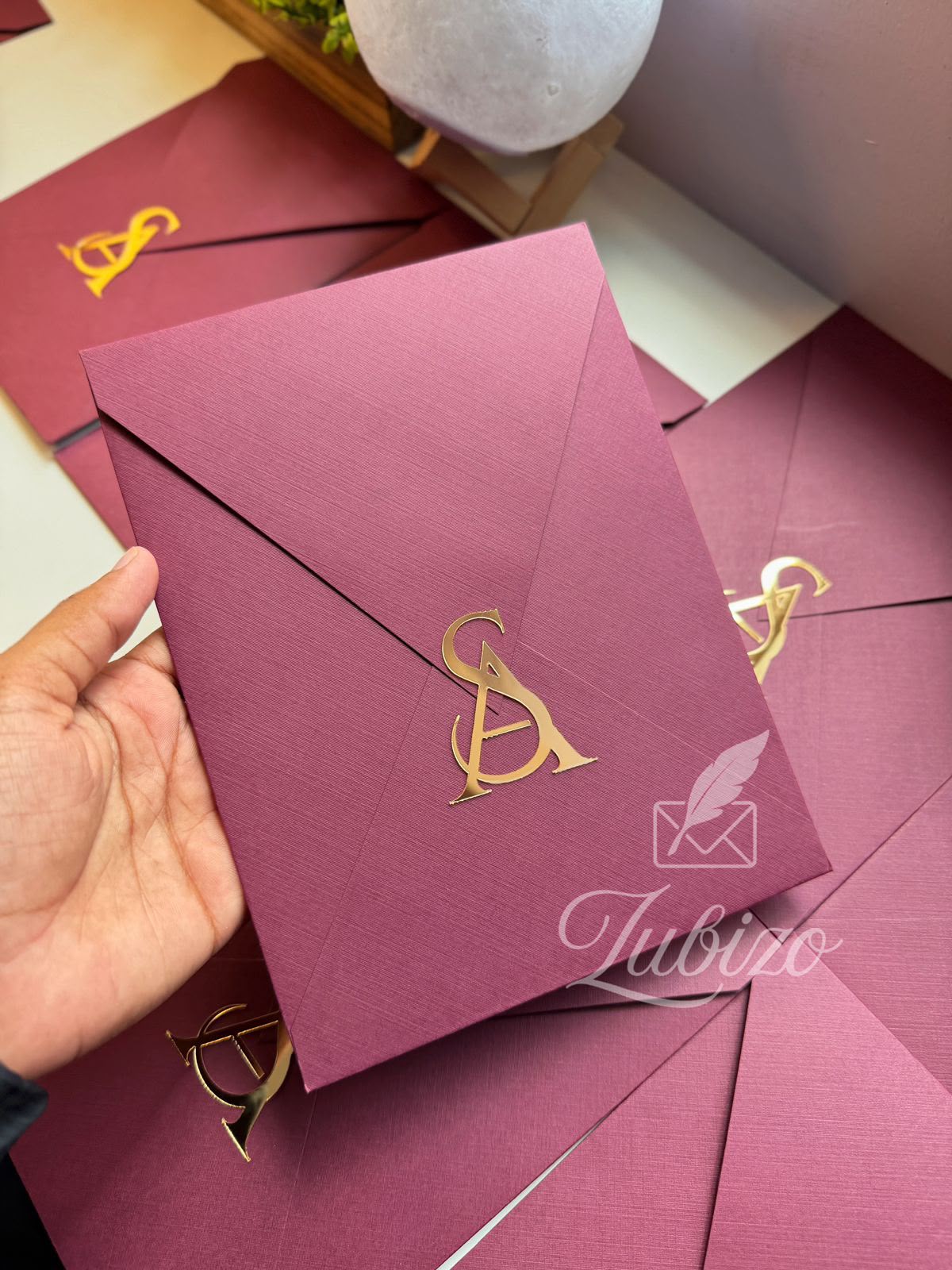 Plum Monogram Flap Invitation
