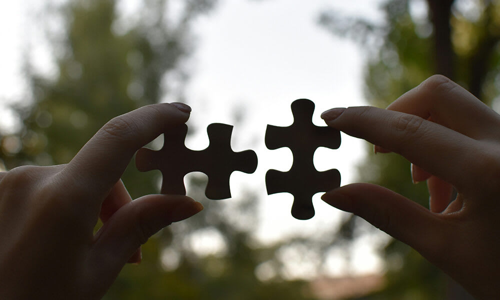 Hands holding two puzzle pieces.