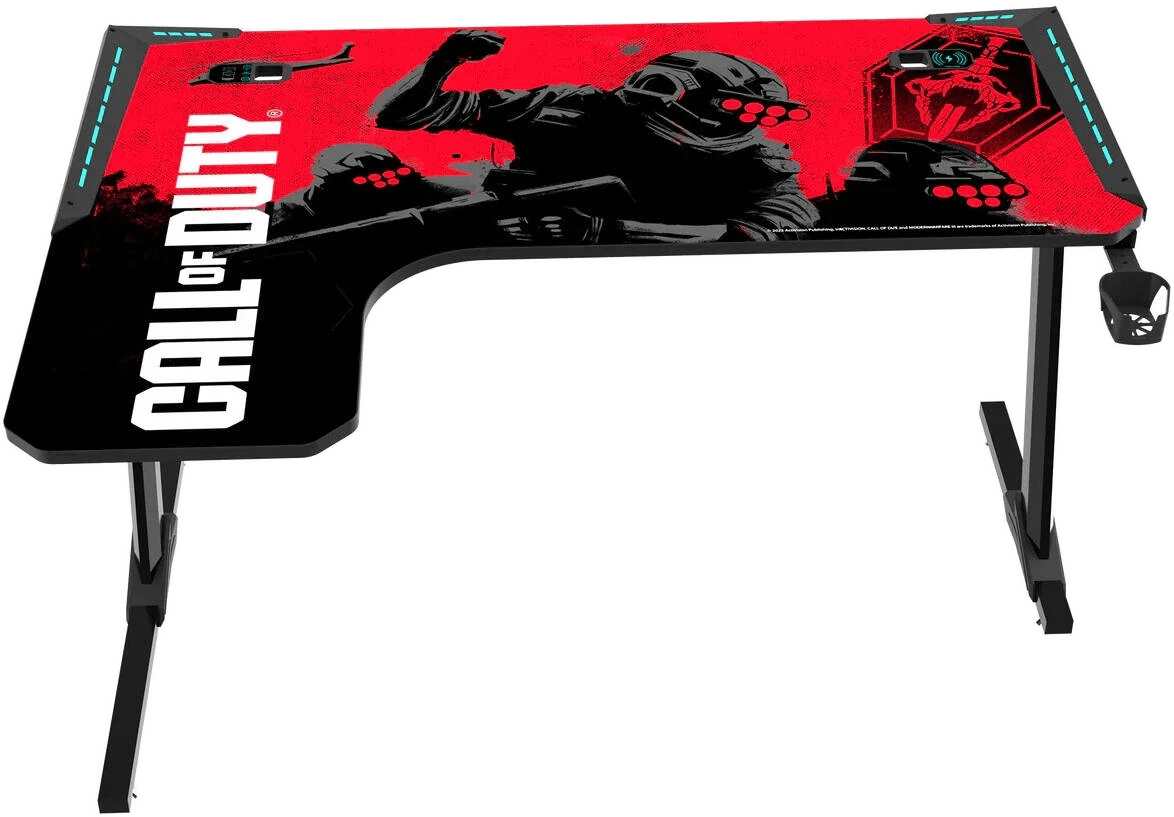 GAMEON Call Of Duty Phantom XL-L L-Shaped RGB Flowing Light Gaming Desk With Mouse Pad, HP Hook, Cup Holder, Cable Mgt, Gamepad Holder, Qi Wireless Charger & USB Hub, Black-Red