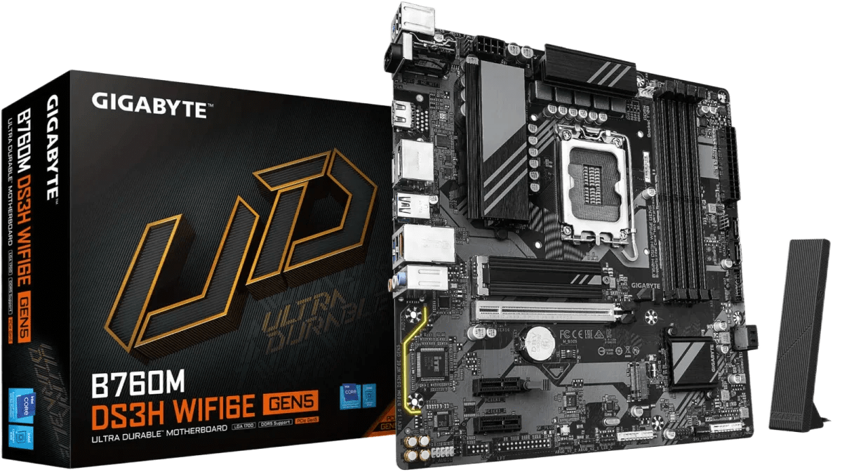 GIGABYTE B760M DS3H WIFI6E GEN5 LGA 1700 Micro ATX Motherboard, Intel B760 Chipset, 4x DDR5 DIMM Slots, 256GB Max Memory, 1x PCIe 5.0 x16, 2x M.2 Slots, WIFI 6E & BT 5.3
