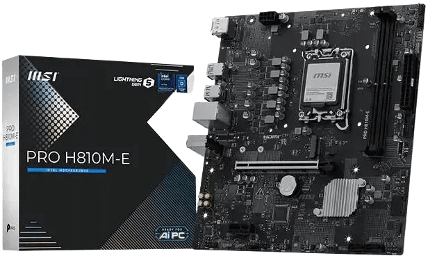 MSI PRO H810M-E LGA1851 mATX Motherboard, Intel H810 Chipset, 2x DDR5 UDIMM Slots, Up to 128GB Max Memory, 1x PCIe x16 Slots, 1x M.2 Slots 3