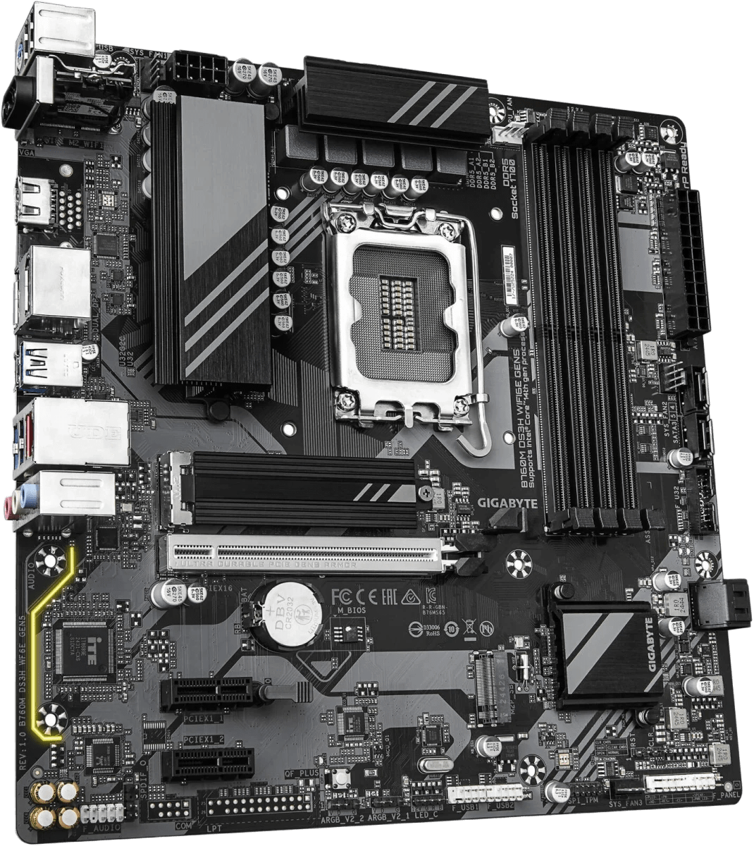 GIGABYTE B760M DS3H WIFI6E GEN5 LGA 1700 Micro ATX Motherboard, Intel B760 Chipset, 4x DDR5 DIMM Slots, 256GB Max Memory, 1x PCIe 5.0 x16, 2x M.2 Slots, WIFI 6E & BT 5.3 3