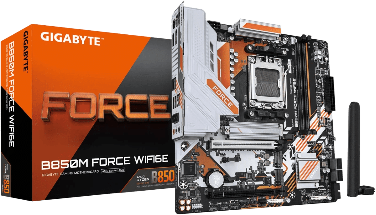 GIGABYTE B850M FORCE WIFI6E AM5 Micro ATX Motherboard, AMD B850 Chipset, 2x DDR5 DIMM Slots, Up to 256GB Max Memory, 1x PCIe 5.0 x16 Slot, 3x M.2 Slots, WiFi 6E & BT 5.3