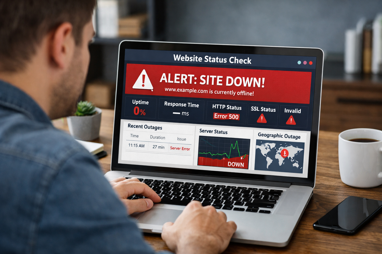 Persona comprobando el estado de un sitio web desde un portátil