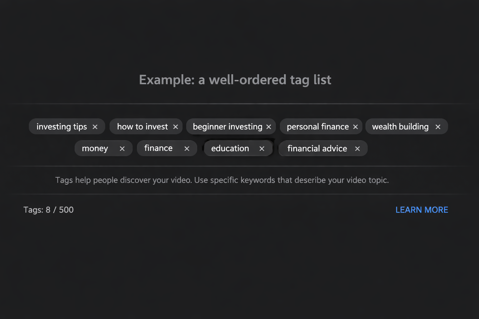 Placeholder — replace with a screenshot of an example tag list ordered from primary keyword to broad category