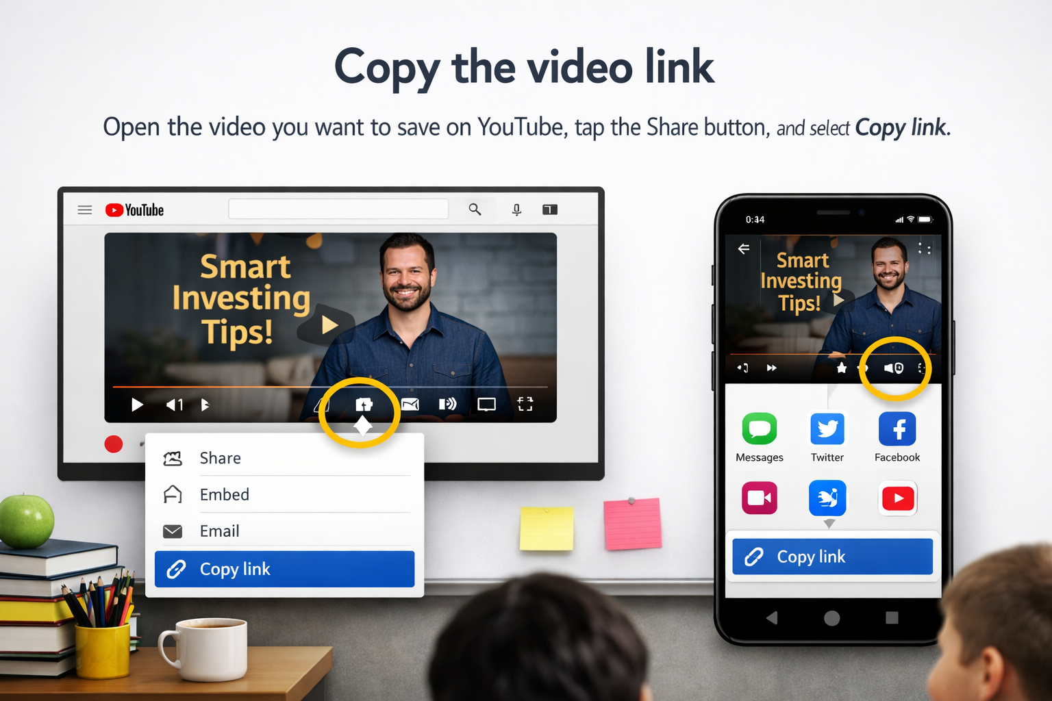 スマートフォンでYouTubeアプリの共有ボタンからリンクをコピーしている様子（差し替え用のサンプル画像）