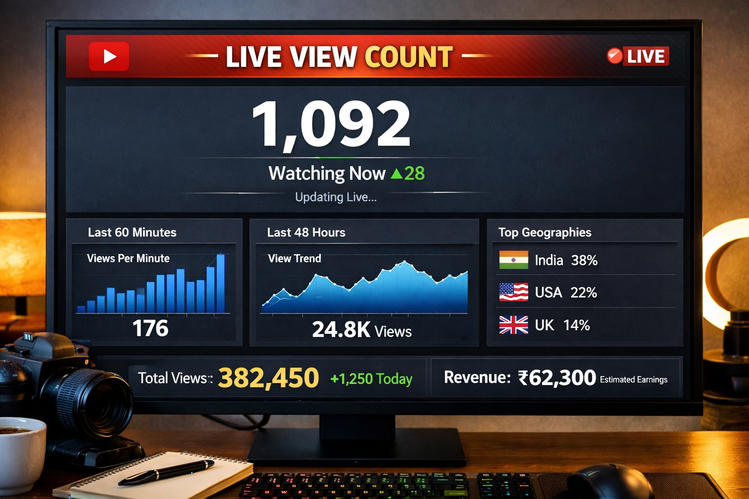 Creator's desk setup with a monitor showing a video dashboard