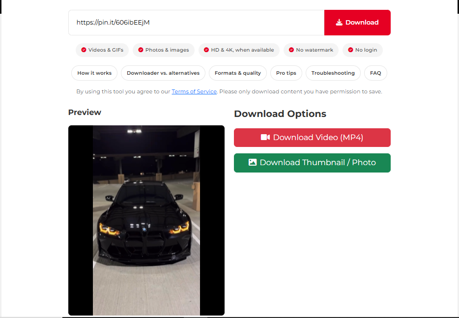 Three-step flow for downloading a Pinterest video: paste the link, preview it, then download