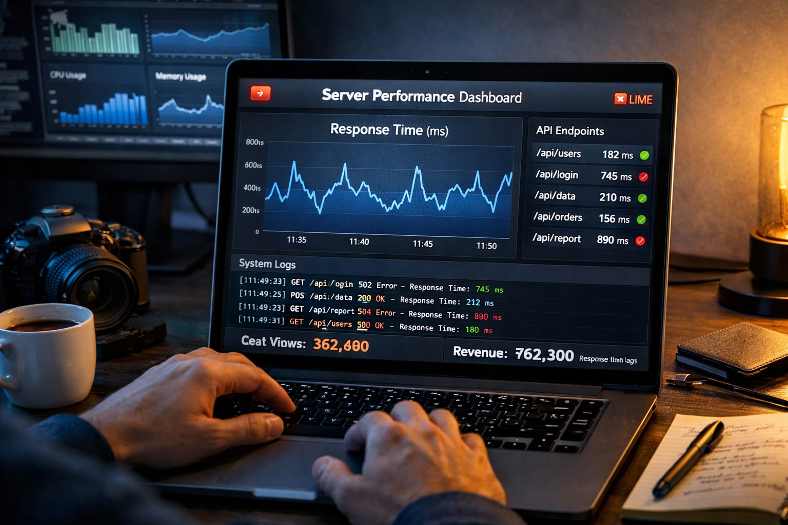 Developer monitoring server response times on a laptop