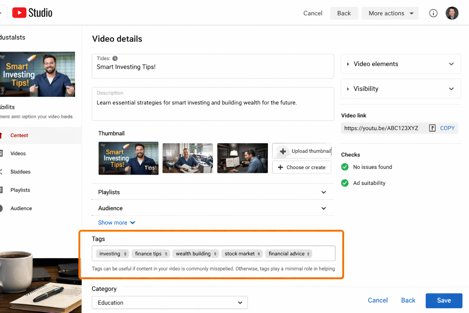 Placeholder — replace with a screenshot showing where the tags field sits in YouTube Studio's upload settings