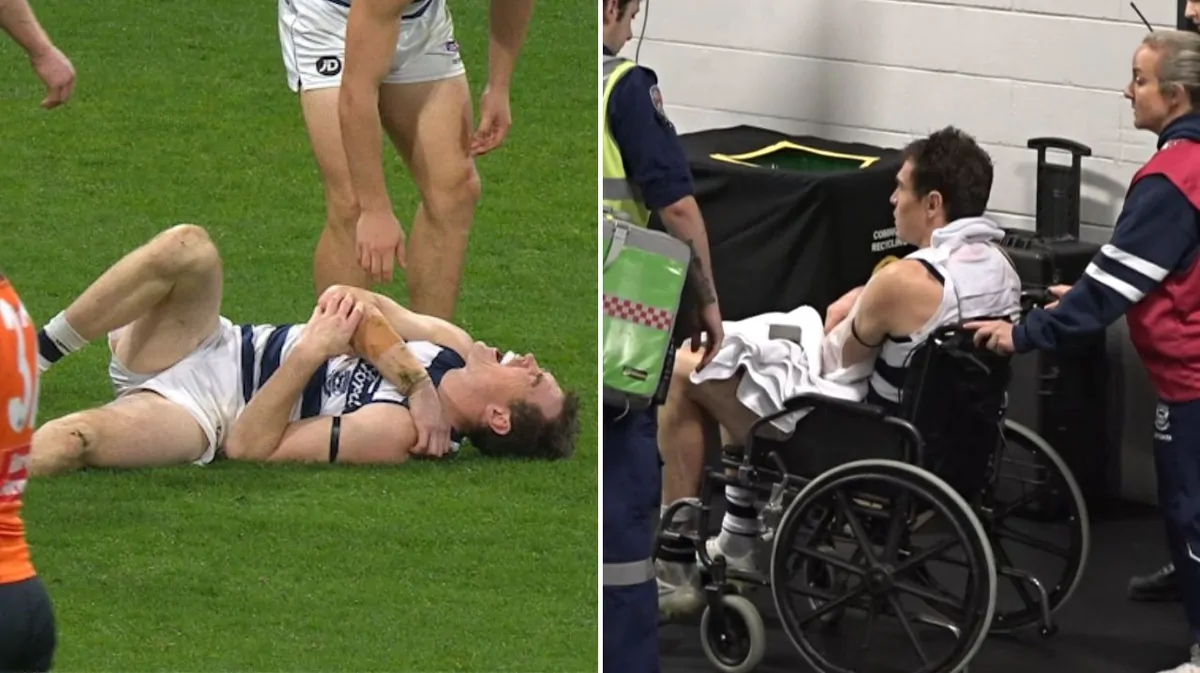 Geelong AFL star suffers serious shoulder injury after collision with GWS defender