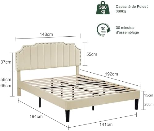 Vue 2 de Vecelo Lit Double Rembourre