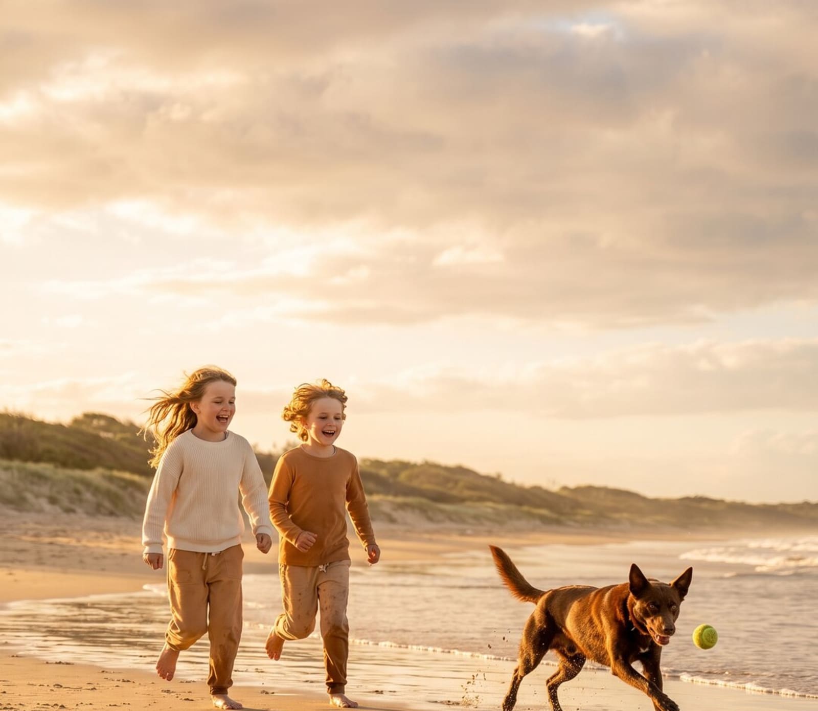 Two kids and their kelpie running on an Australian beach at golden hour