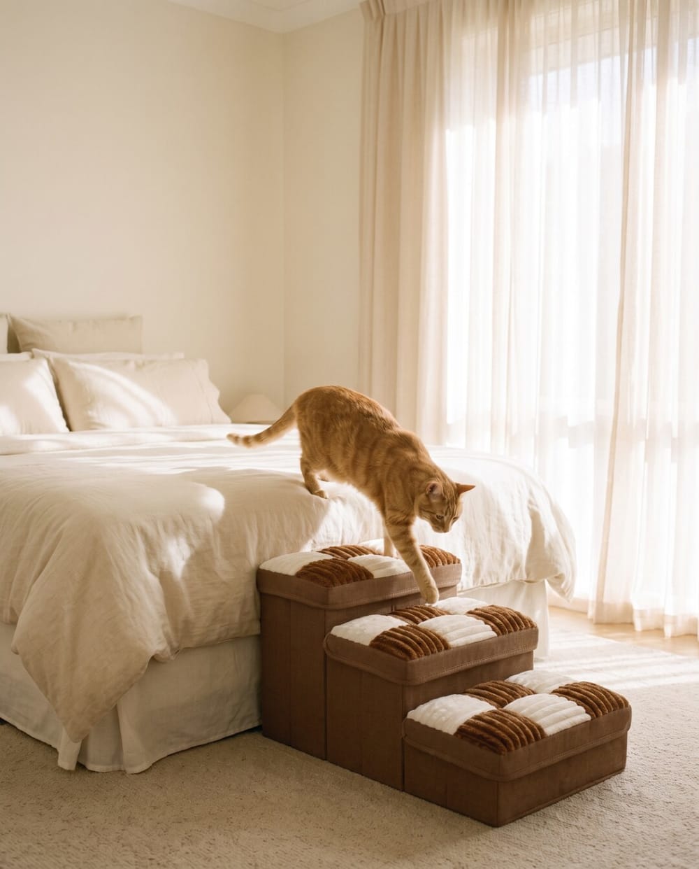 Ginger cat stepping down from the bed onto the CosyPets pet steps