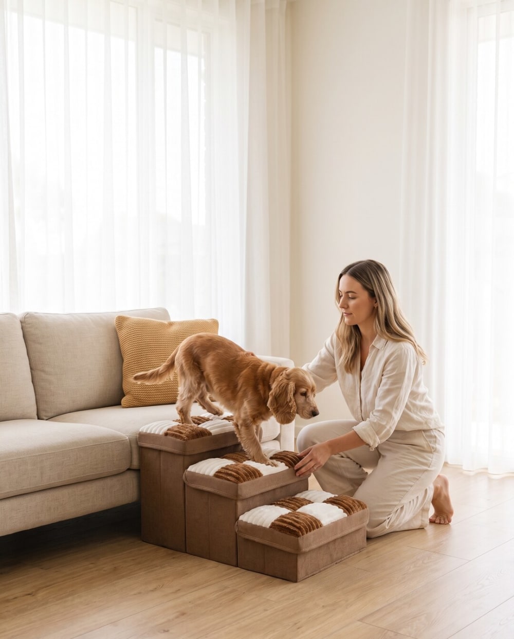 Owner showing her spaniel how to use the pet steps beside the lounge