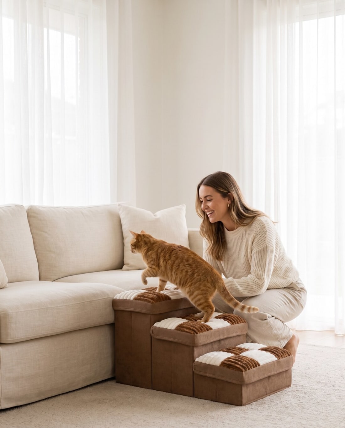 Woman welcoming her ginger cat up the pet steps onto the lounge