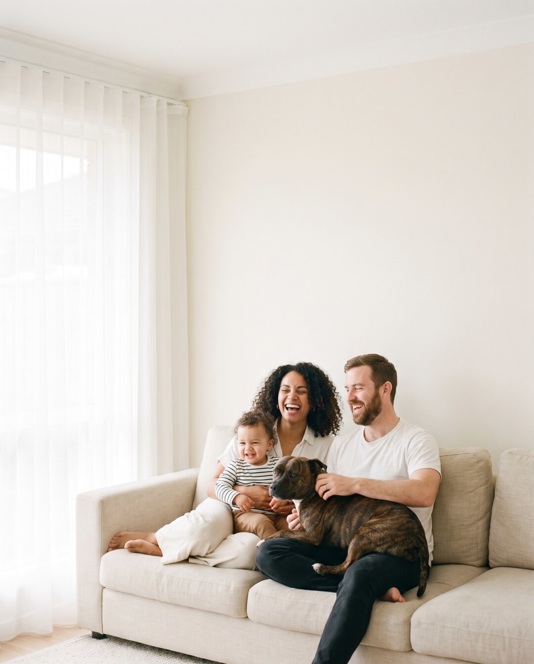 Australian family laughing on the lounge with their staffy