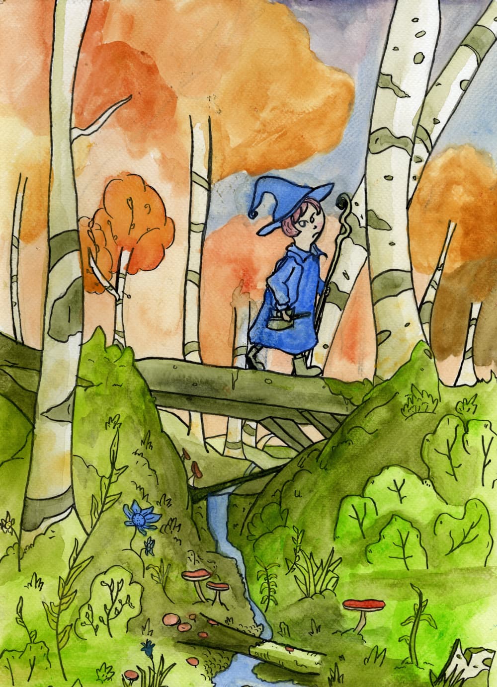 A painting with a wizard traversing a forest