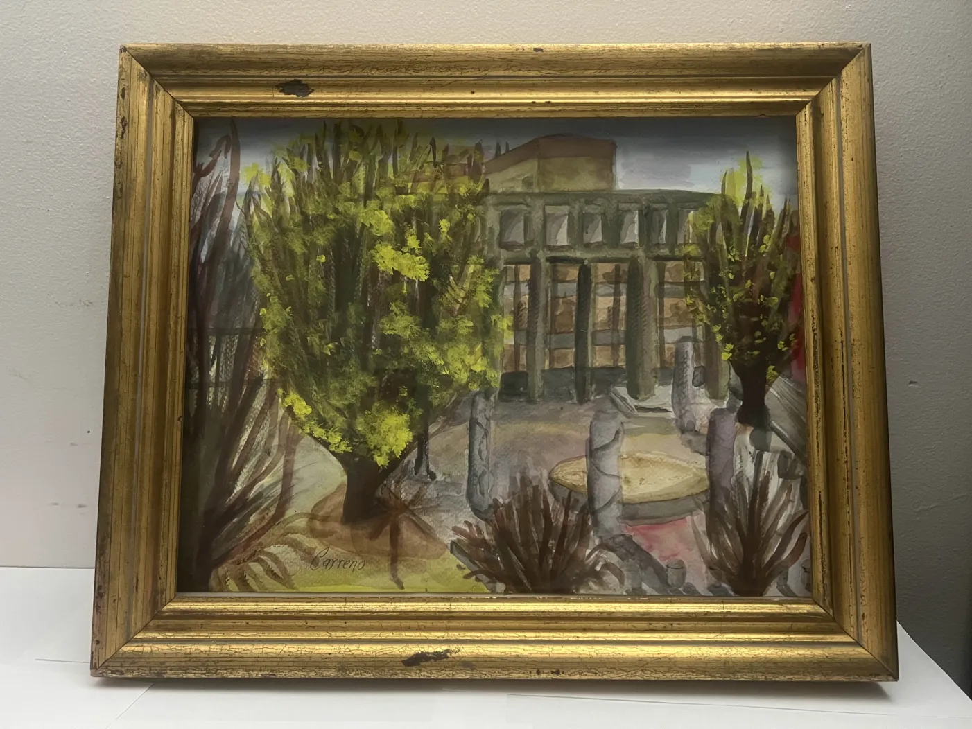 A painting with city landscape