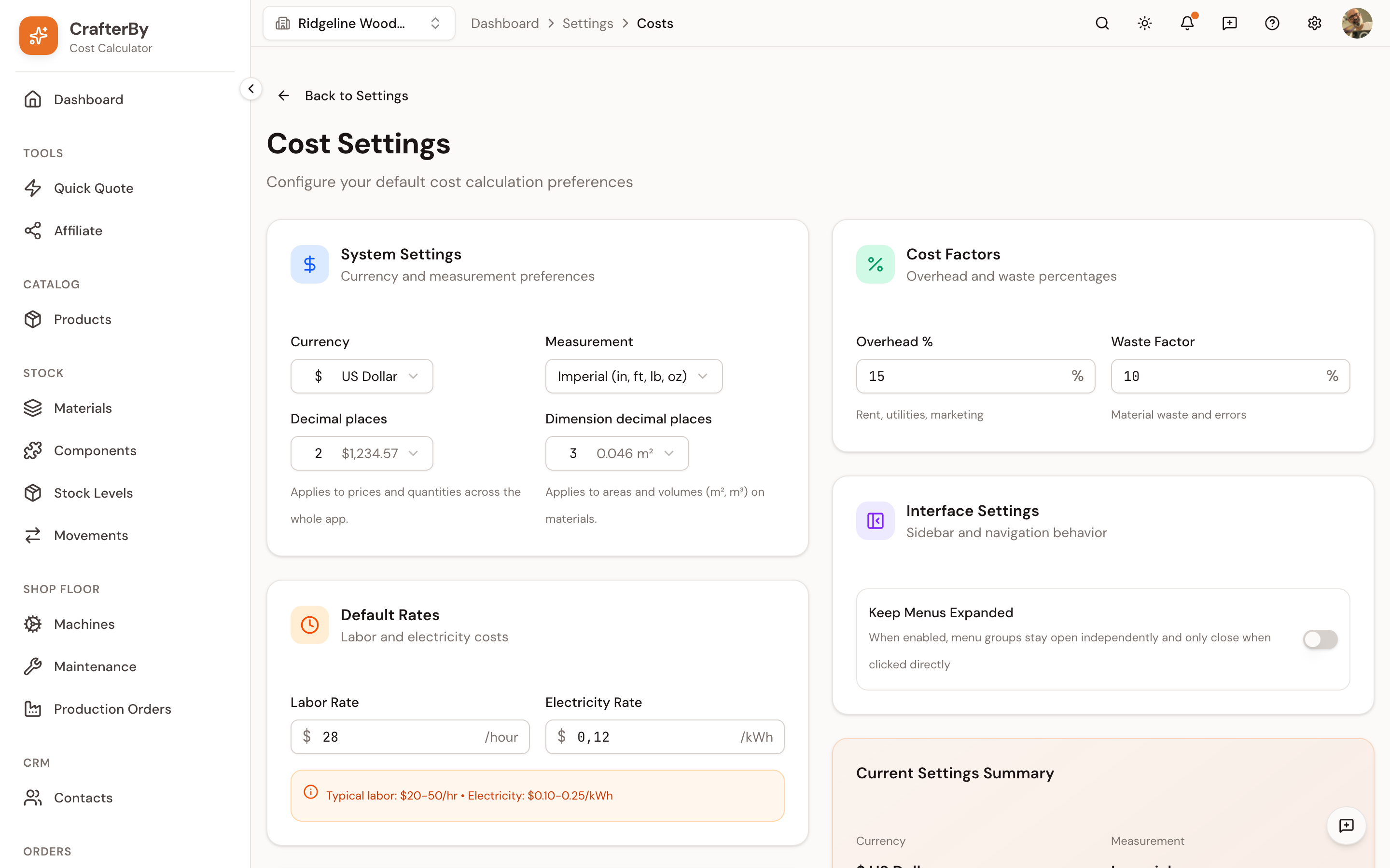 The Cost Settings page