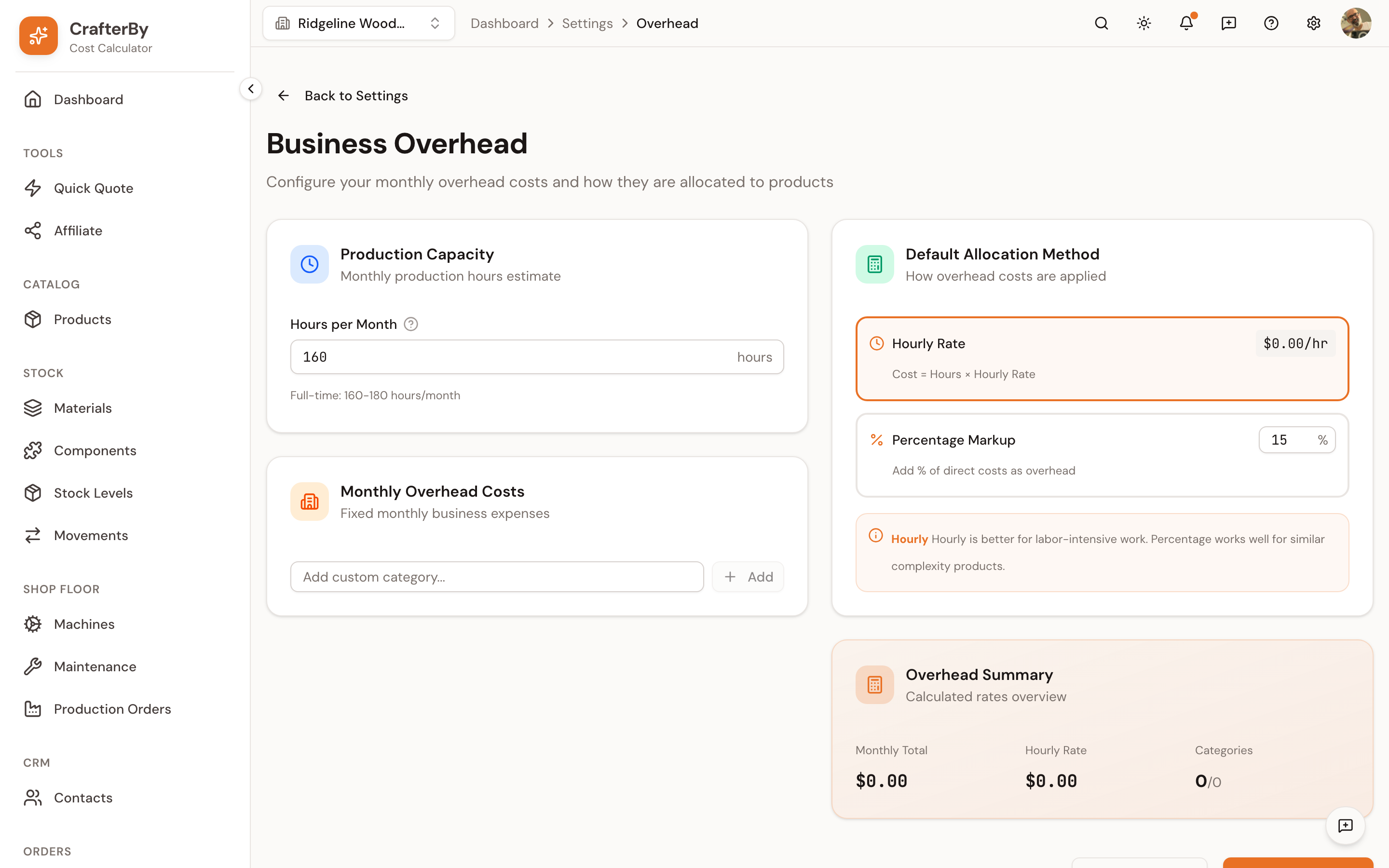 The Business Overhead page