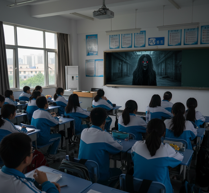 Theo hồ sơ, Tử Hàn phát bệnh tâm thần sau khi xem phim kinh dị chiếu trên lớp. Ảnh: Gemini AI