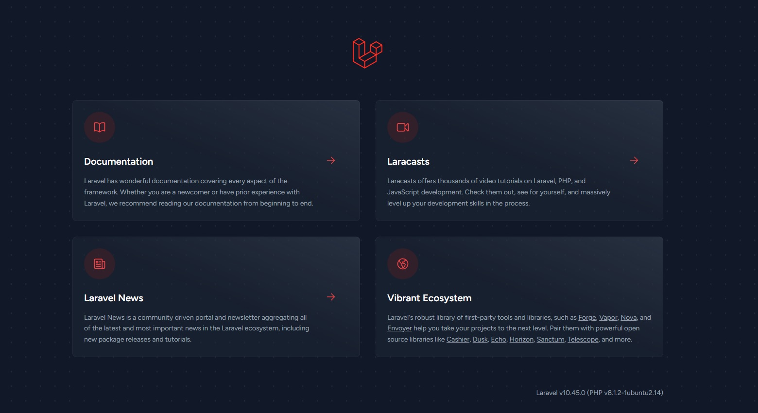 Pantalla inicial de Laravel al iniciar el proyecto