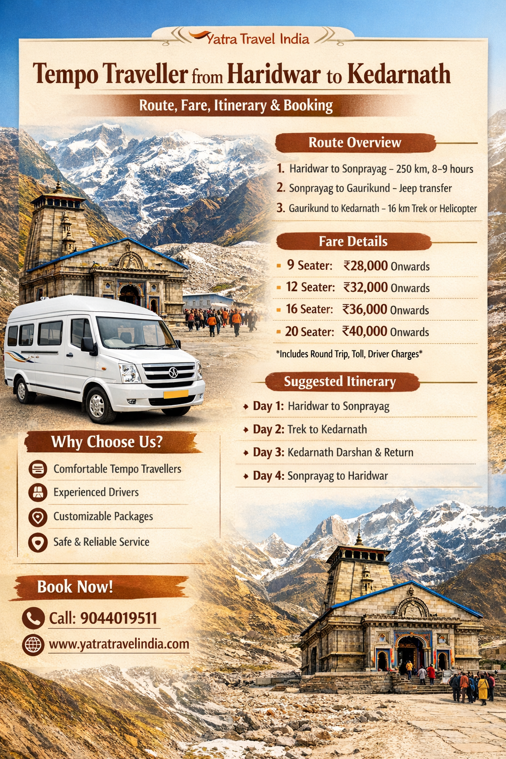 Tempo Traveller from Haridwar to Kedarnath – Route, Fare, Itinerary & Booking