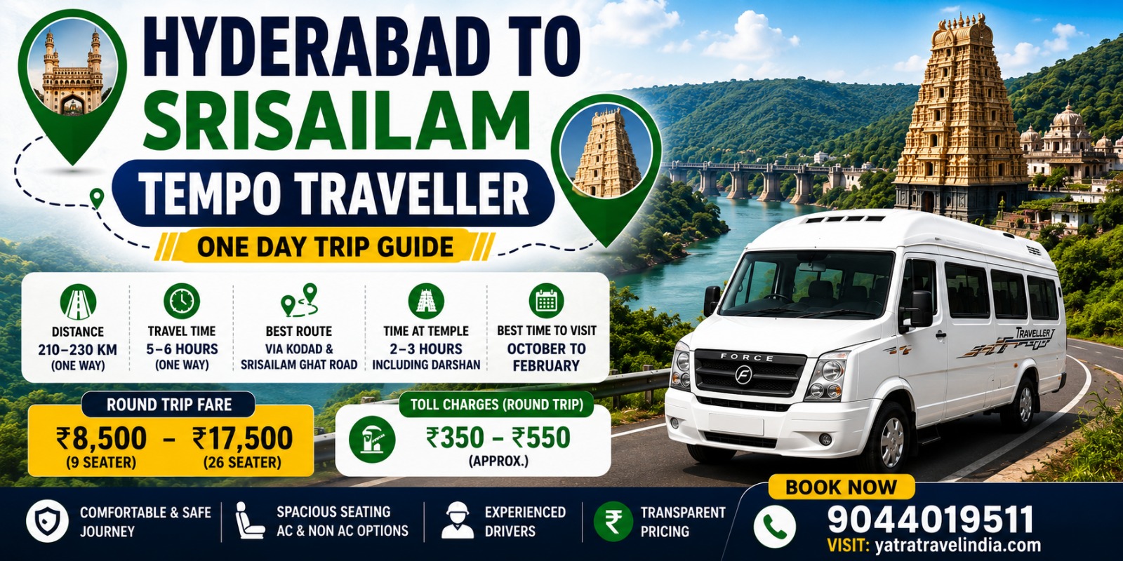 Hyderabad to Srisailam Tempo Traveller Booking Fare, Distance & Route Guide