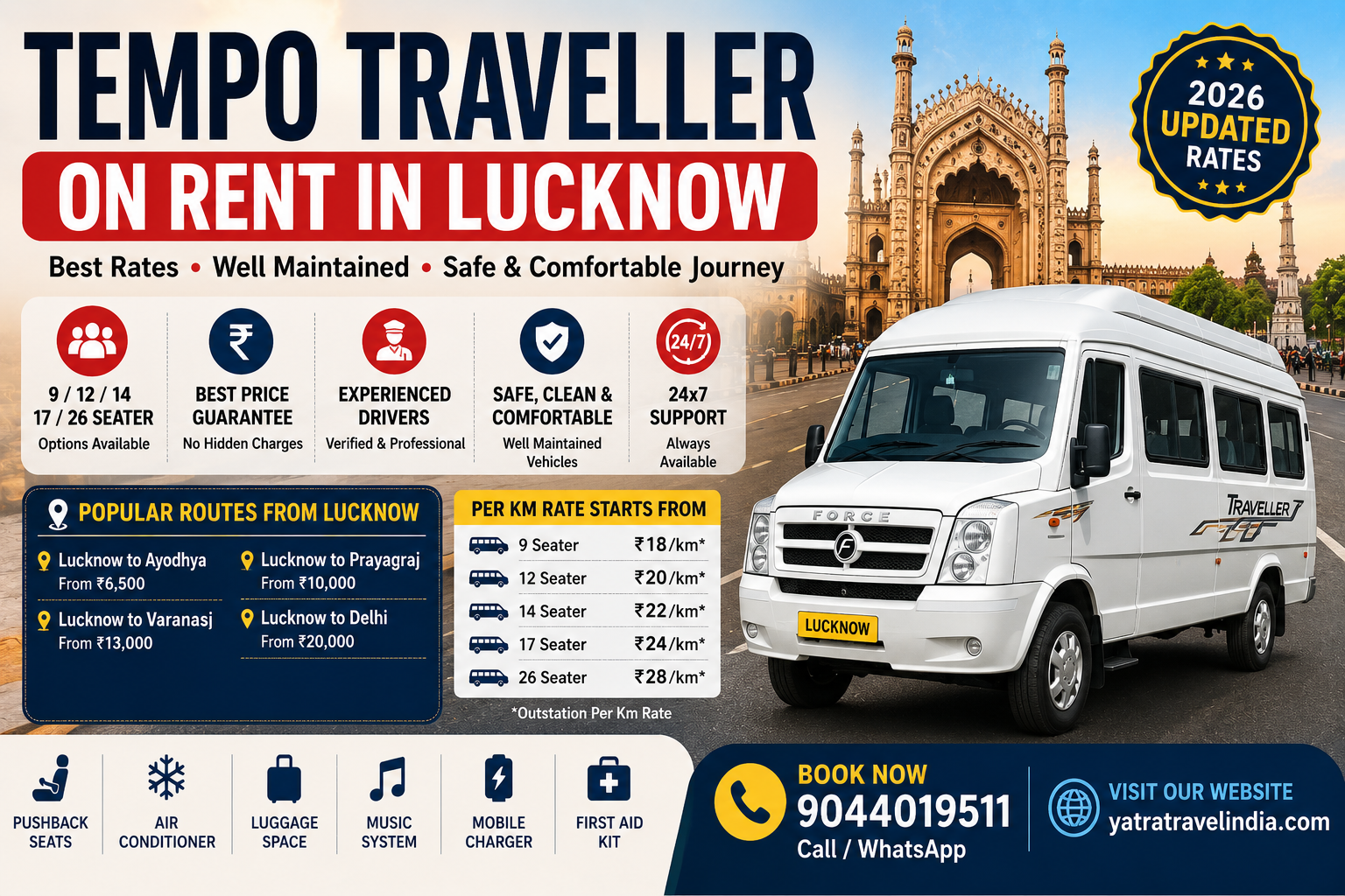 Tempo Traveller on Rent in Lucknow Best Per KM Rates & Instant Booking