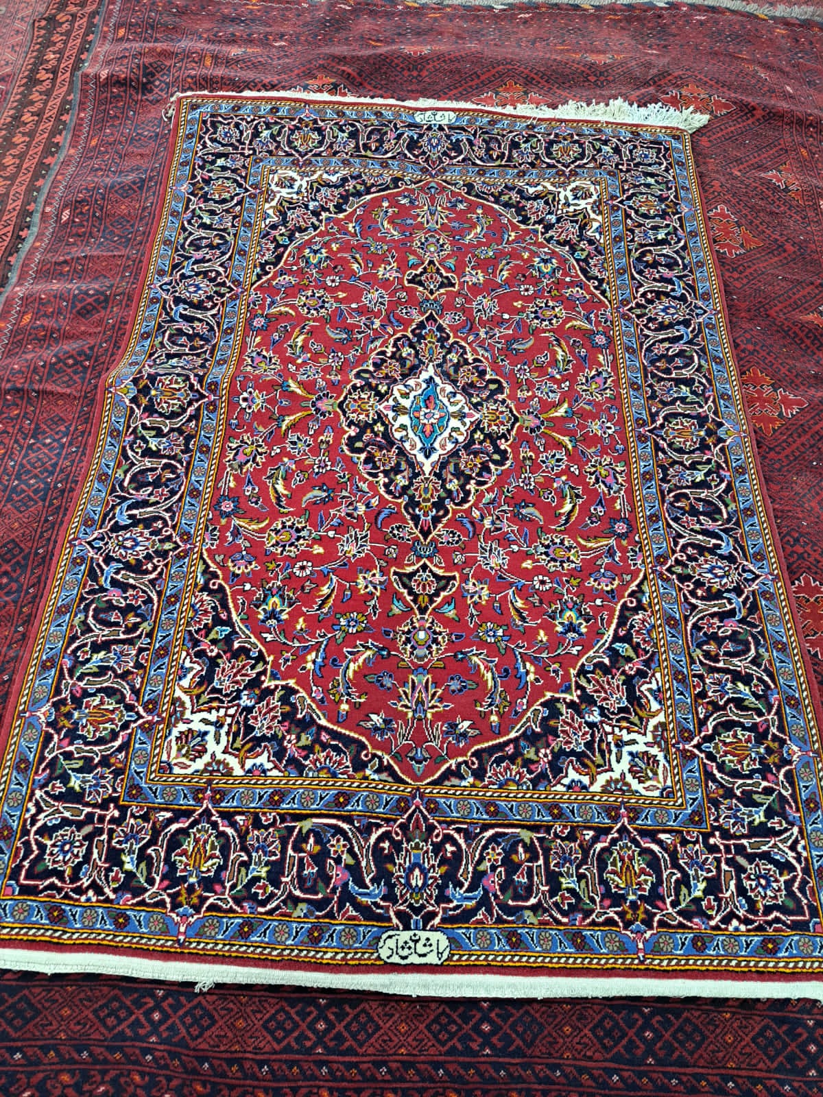 Ruby Sapphire Medallion Carpet, from The Kashmir Knot Handmade Kashmiri Carpets
