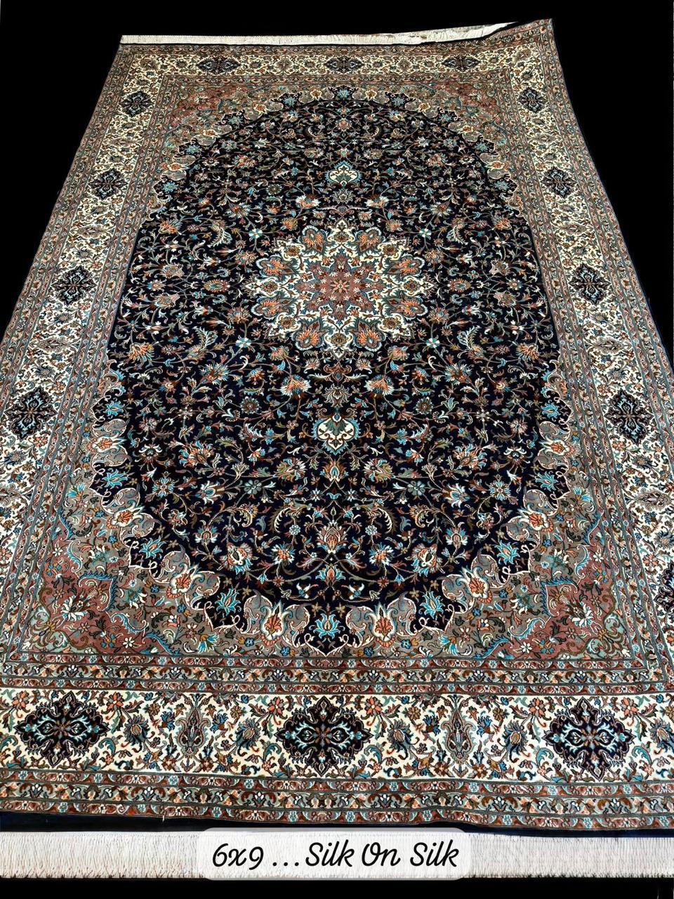 Navy Ivory Oval Medallion Carpet, from The Kashmir Knot Handmade Kashmiri Carpets