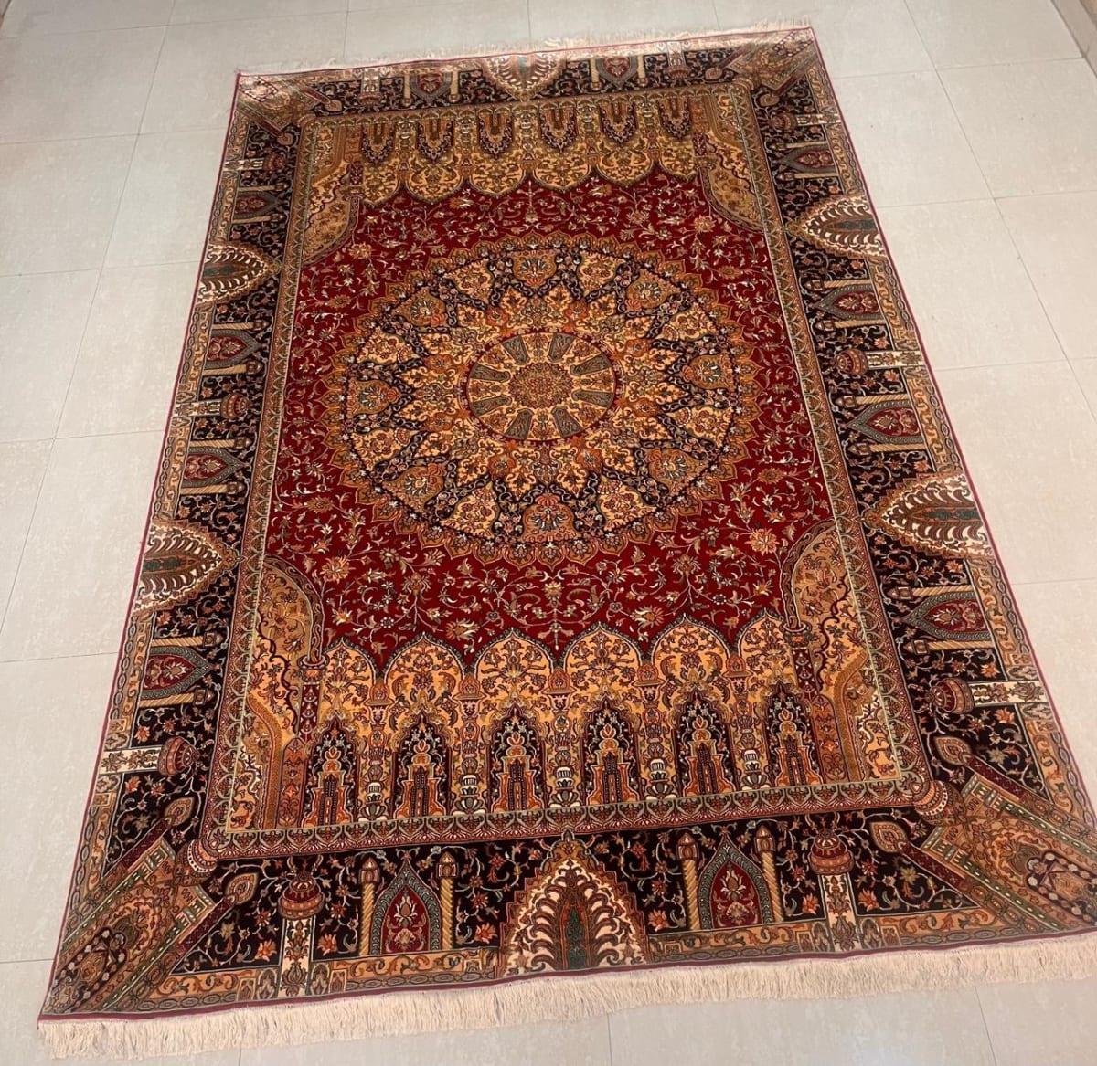 Saffron Prayer Medallion Carpet, from The Kashmir Knot Handmade Kashmiri Carpets