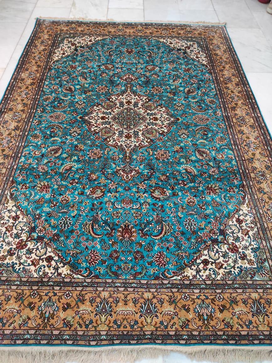 Turquoise Ivory Medallion Carpet, from The Kashmir Knot Handmade Kashmiri Carpets