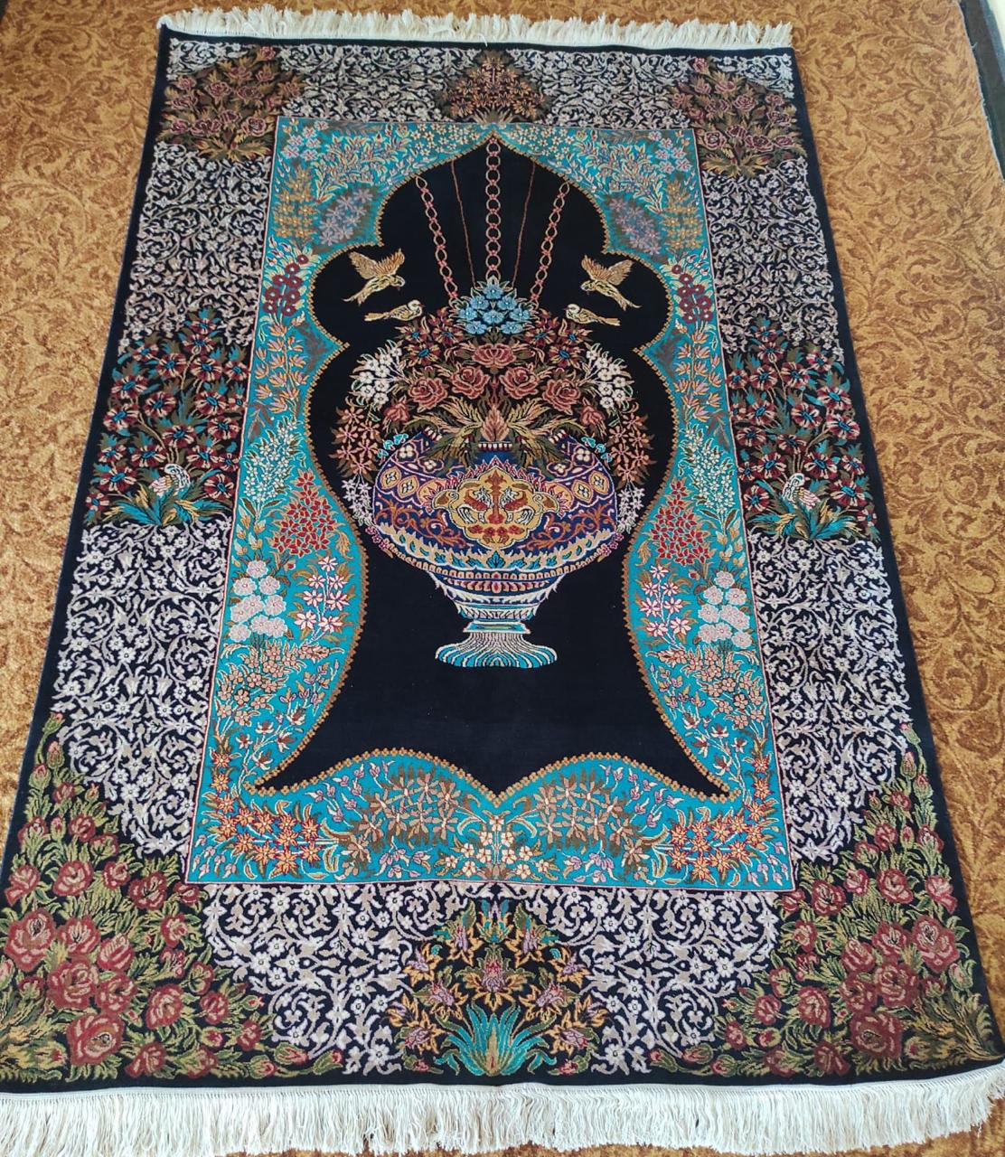Black Turquoise Vase Prayer Carpet, from The Kashmir Knot Handmade Kashmiri Carpets