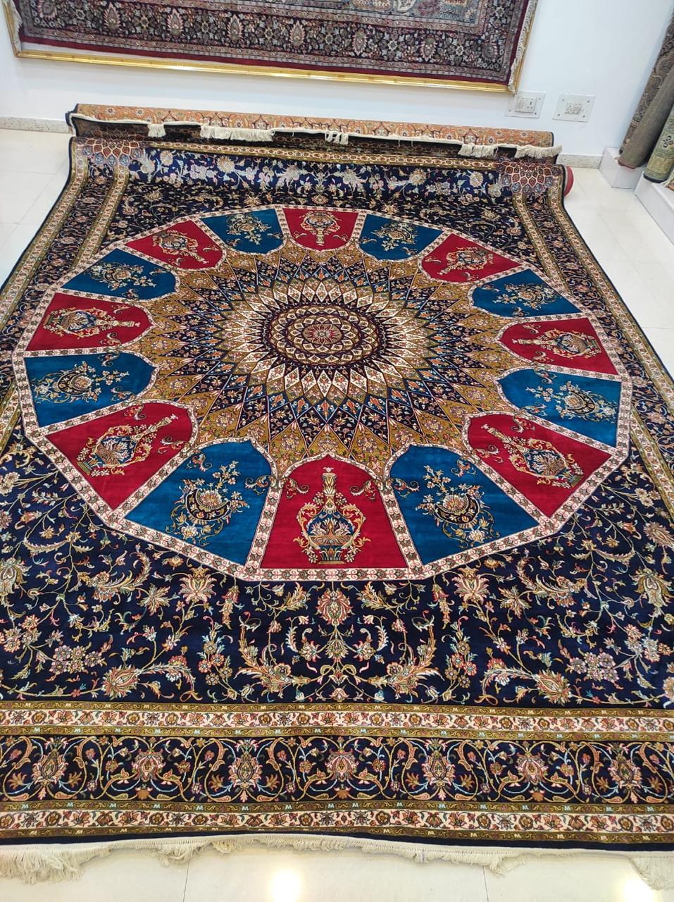 Navy Circular Garden Carpet, from The Kashmir Knot Handmade Kashmiri Carpets