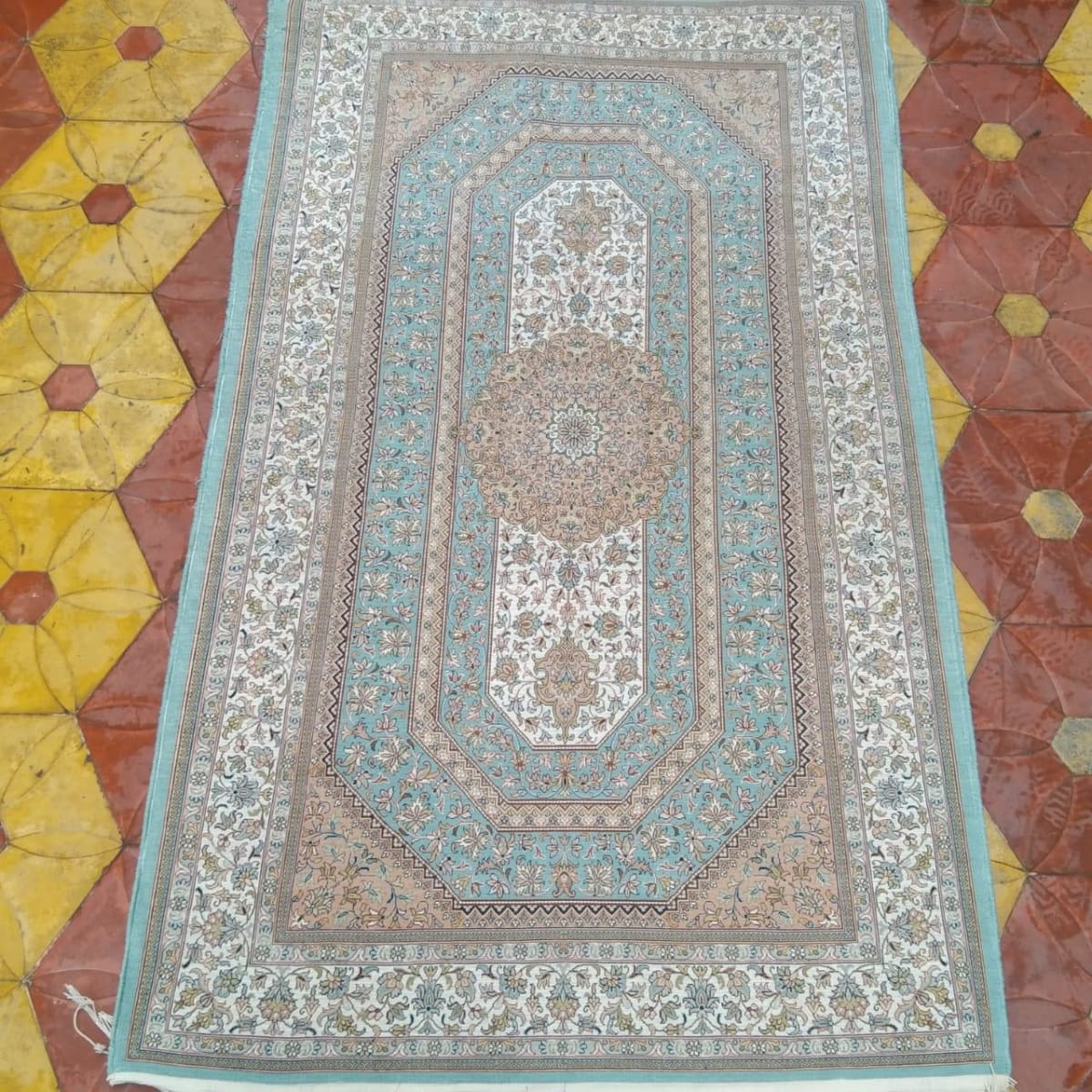 Powder Blue Prayer Medallion Carpet, from The Kashmir Knot Handmade Kashmiri Carpets