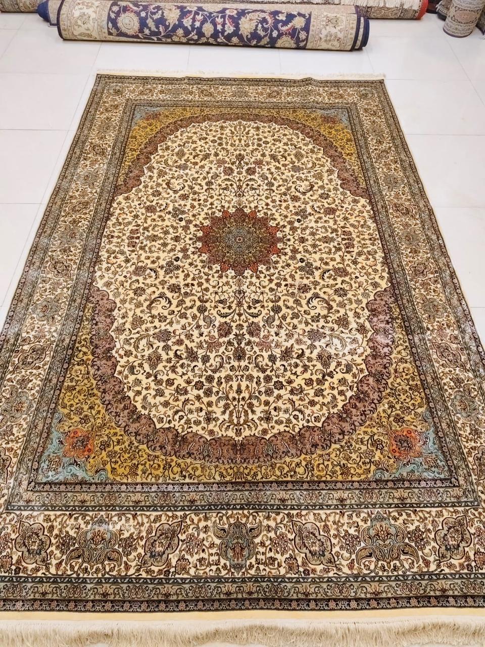 Ivory Gold Oval Medallion Carpet, from The Kashmir Knot Handmade Kashmiri Carpets