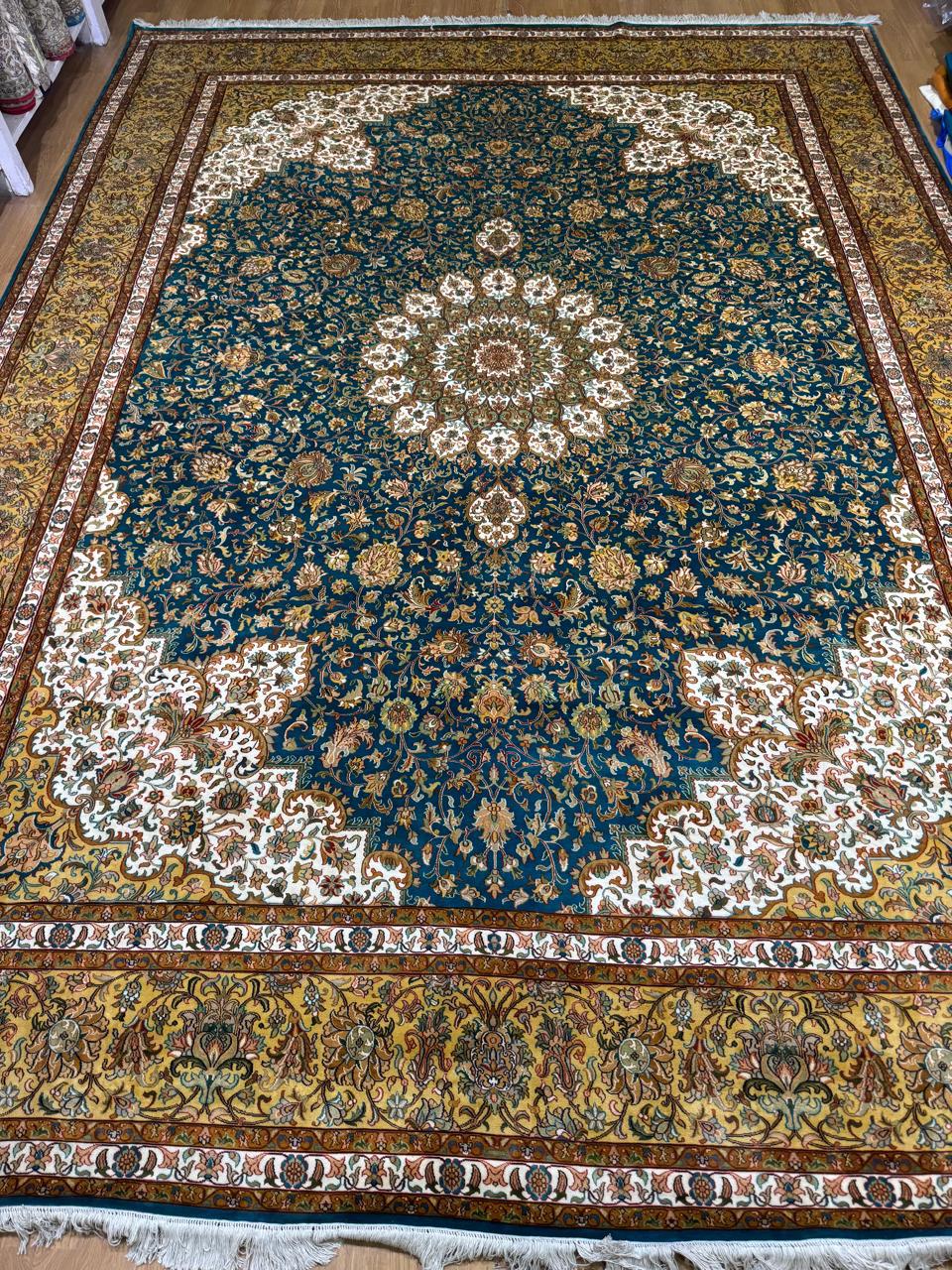 Emerald Ivory Medallion Carpet, from The Kashmir Knot Handmade Kashmiri Carpets