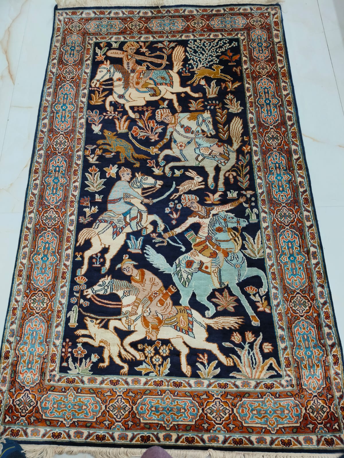 Blue Hunting Scene Runner, from The Kashmir Knot Handmade Kashmiri Carpets