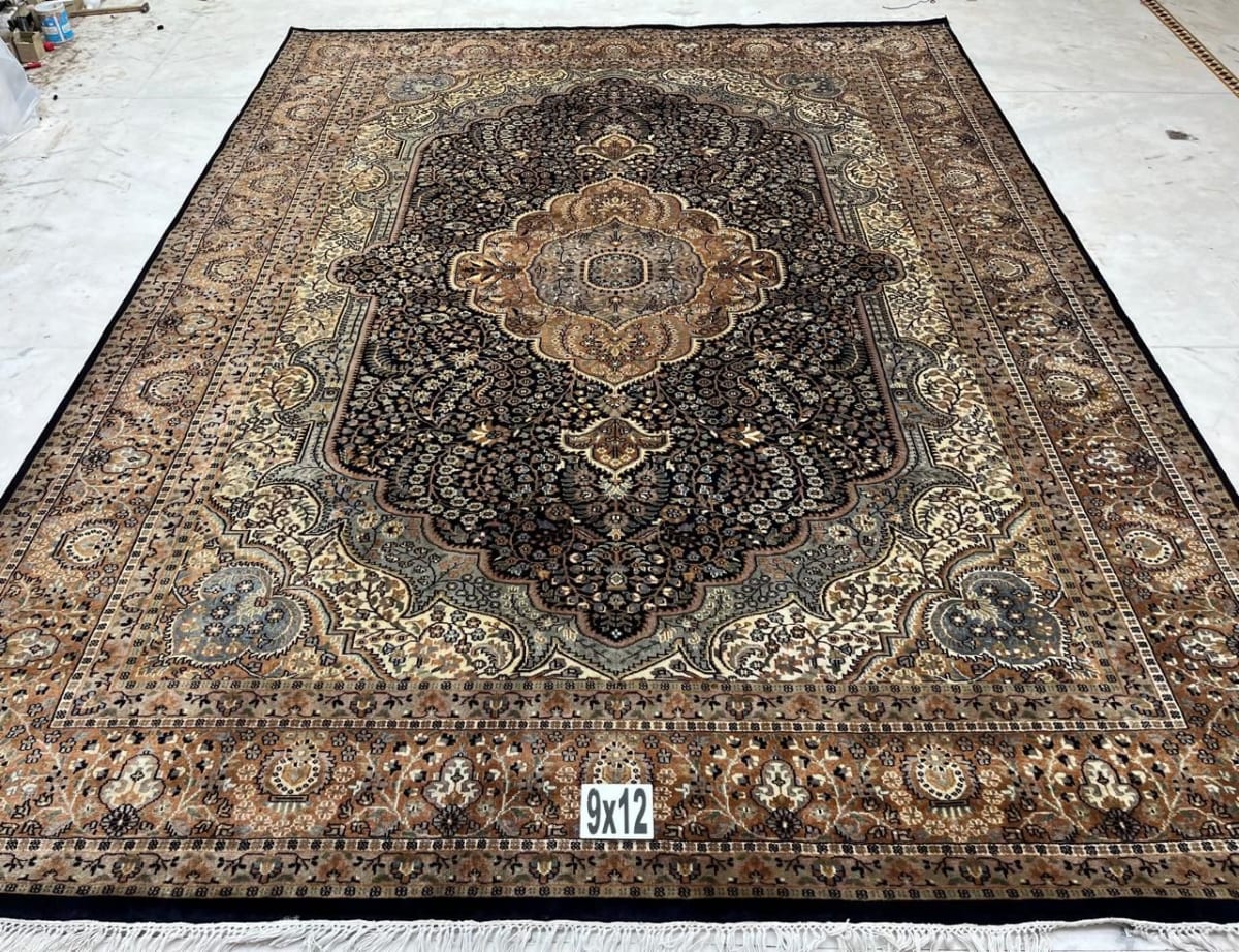 Charcoal Gold Palace Medallion Carpet, from The Kashmir Knot Handmade Kashmiri Carpets