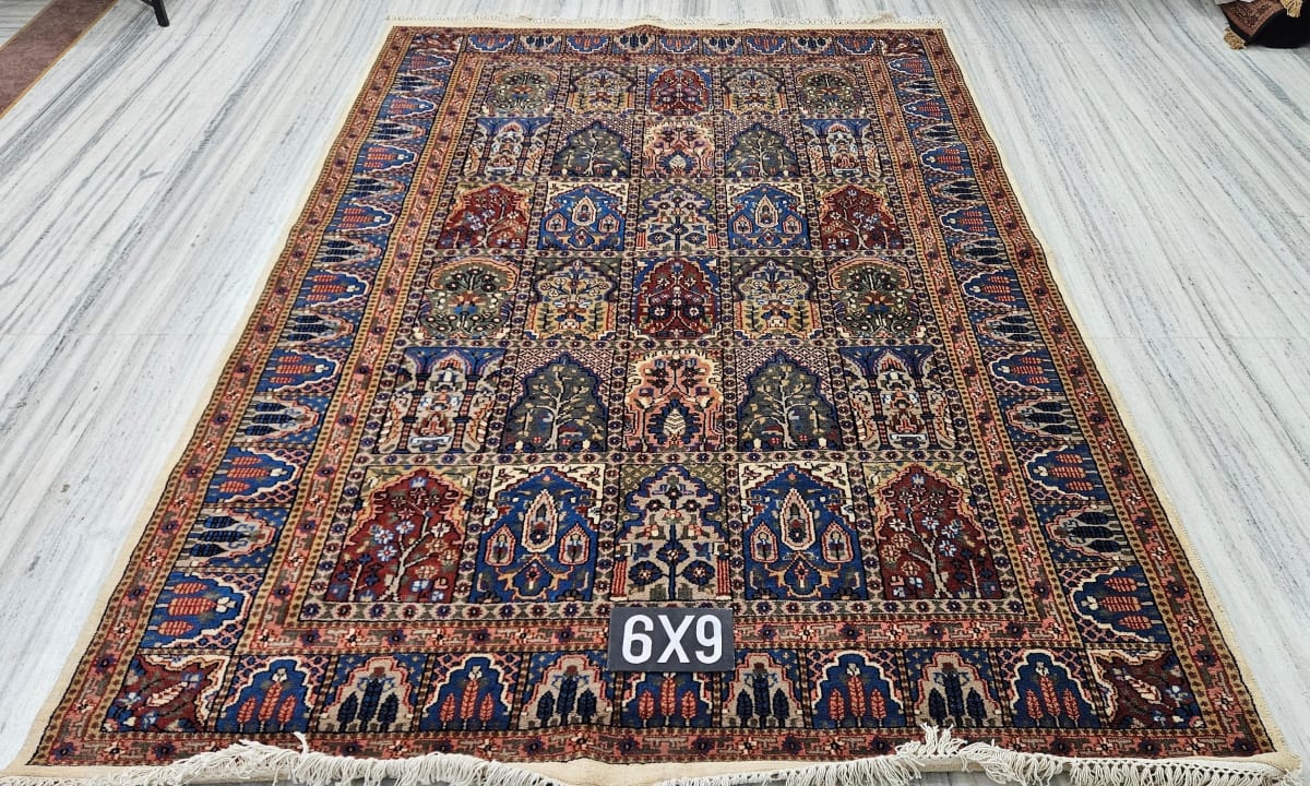 Saffron Garden Narrative Carpet, from The Kashmir Knot Handmade Kashmiri Carpets