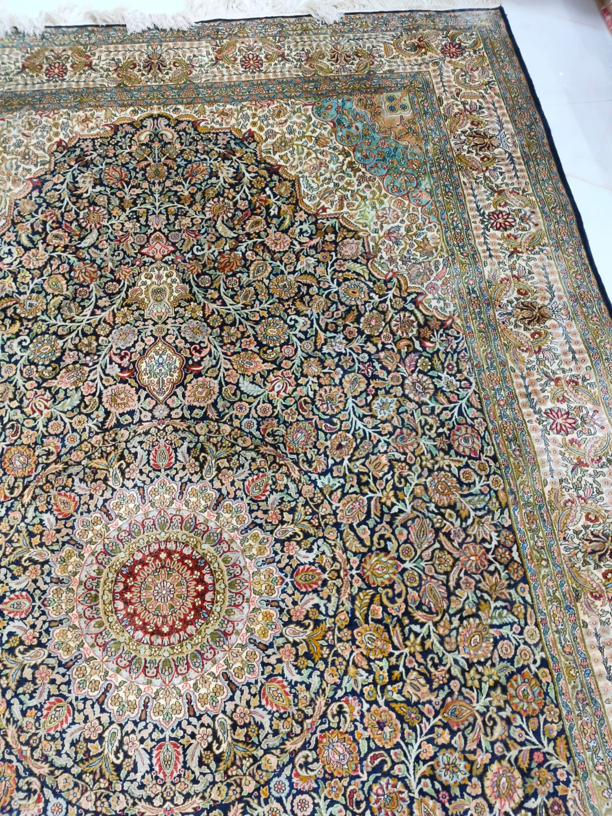 Midnight Floral Court Medallion Carpet, from The Kashmir Knot Handmade Kashmiri Carpets