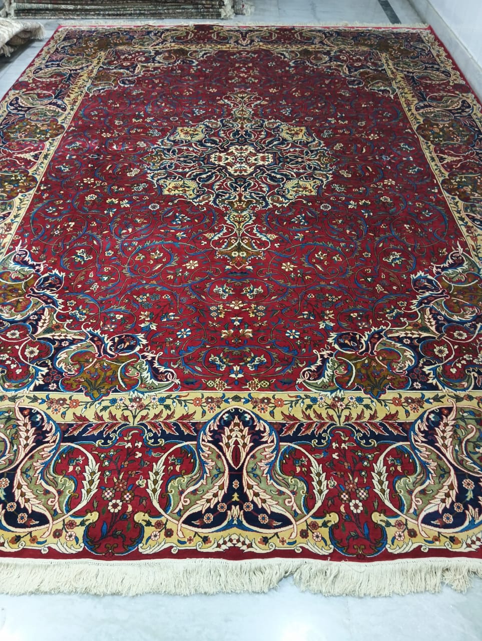 Ruby Lotus Border Medallion Carpet, from The Kashmir Knot Handmade Kashmiri Carpets