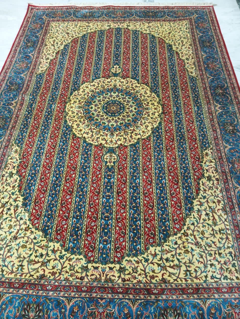 Striped Ruby Rosette Carpet, from The Kashmir Knot Handmade Kashmiri Carpets