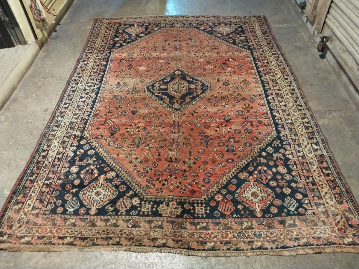 Salmon Navy Medallion Carpet, from The Kashmir Knot Handmade Kashmiri Carpets